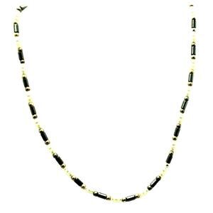 Hematite and Faux Seed Pearl Necklace Black White Silvertone 17" Long